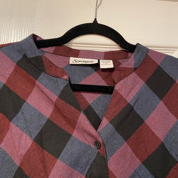 NWOT Serengeti Size L Long Sleeve Black Burgundy Check Flannel Button Mini Dress - Picture 8 of 12